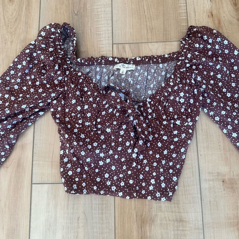 NWT L.A. Hearts-PacSun Cold Shoulder Floral Crop Top Brown/White Small - Picture 10 of 11